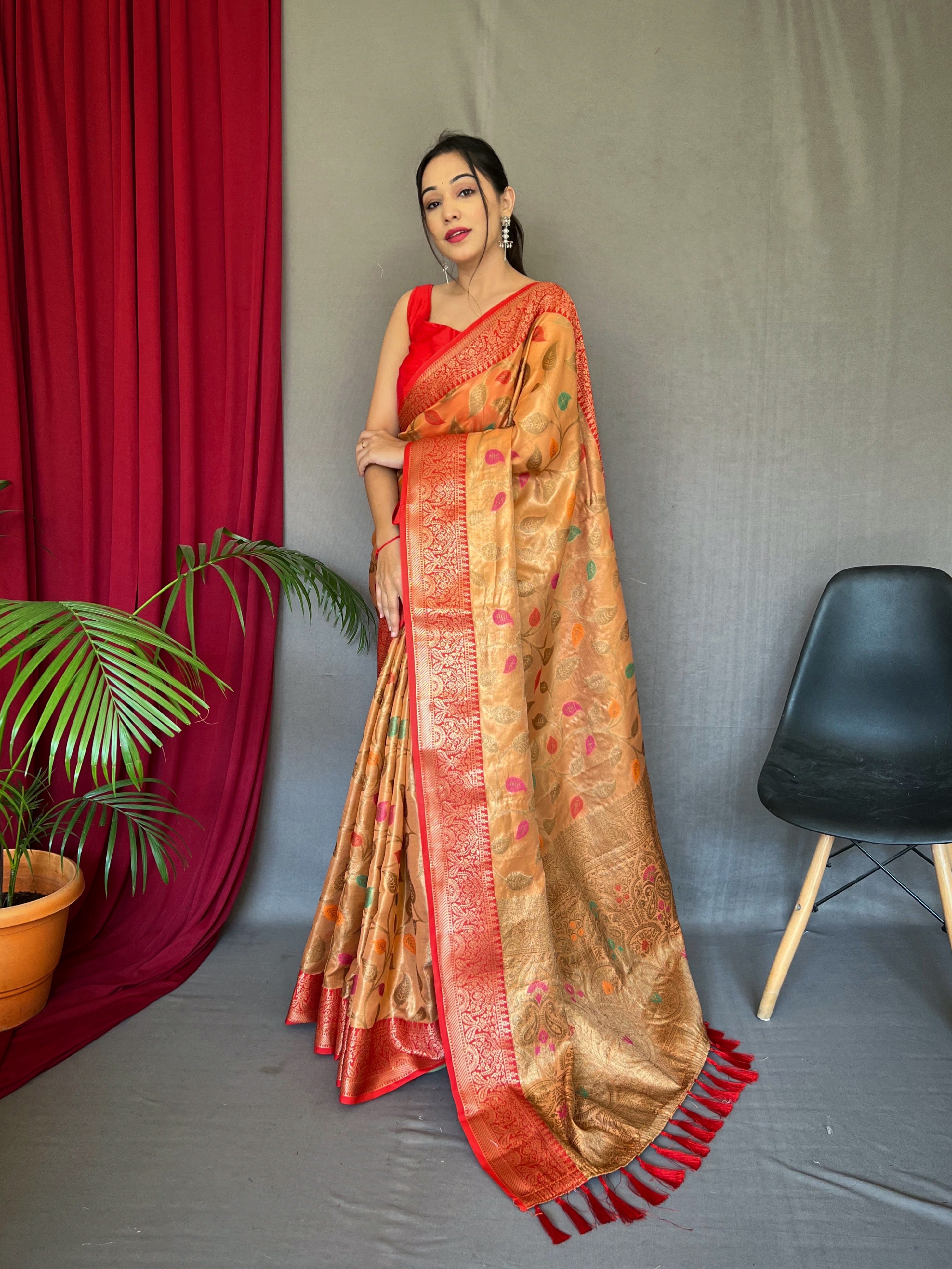 Women's Orange Color Kanjeevaram Tissue Silk Sitara Jaal Meenakari Woven Saree Cyan Blue - TASARIKA