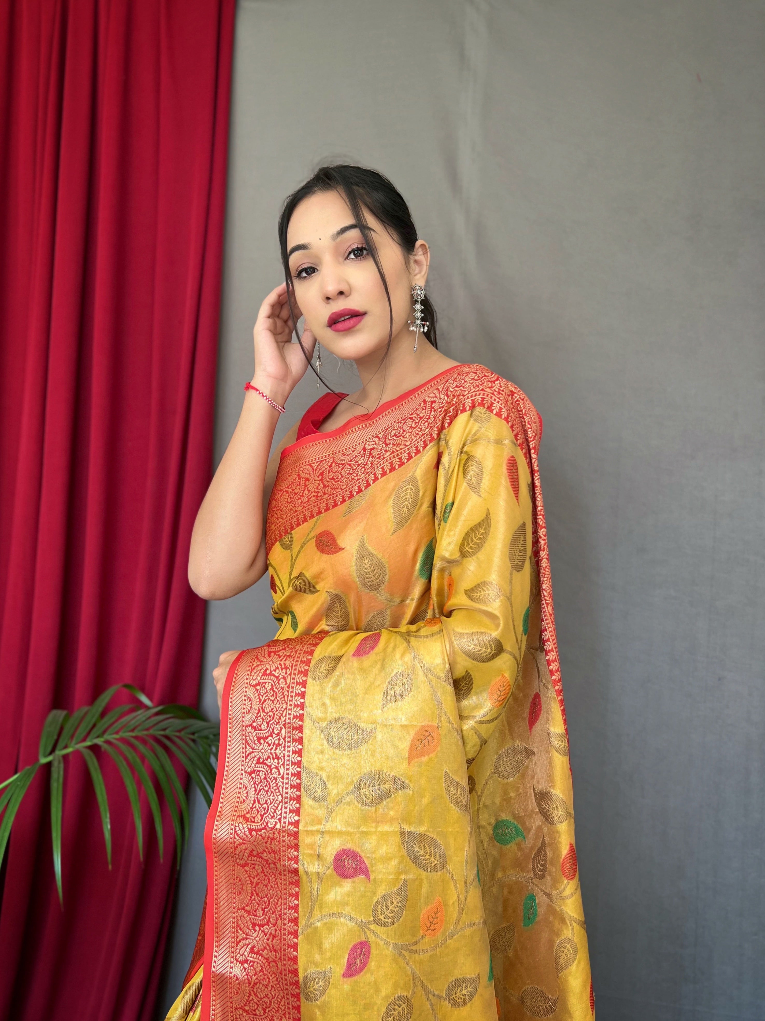 Women's Yellow Color Kanjeevaram Tissue Silk Sitara Jaal Meenakari Woven Saree Dusty Orange - TASARIKA