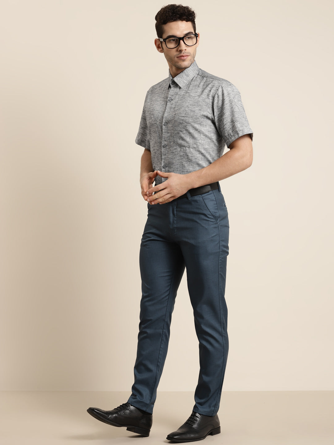 Men's Cotton Blend Grey Half sleeves Casual Shirt