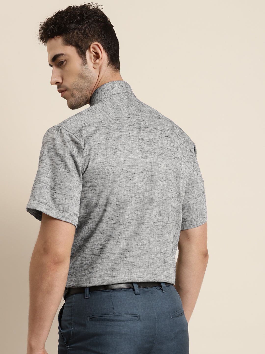 Men's Cotton Blend Grey Half sleeves Casual Shirt