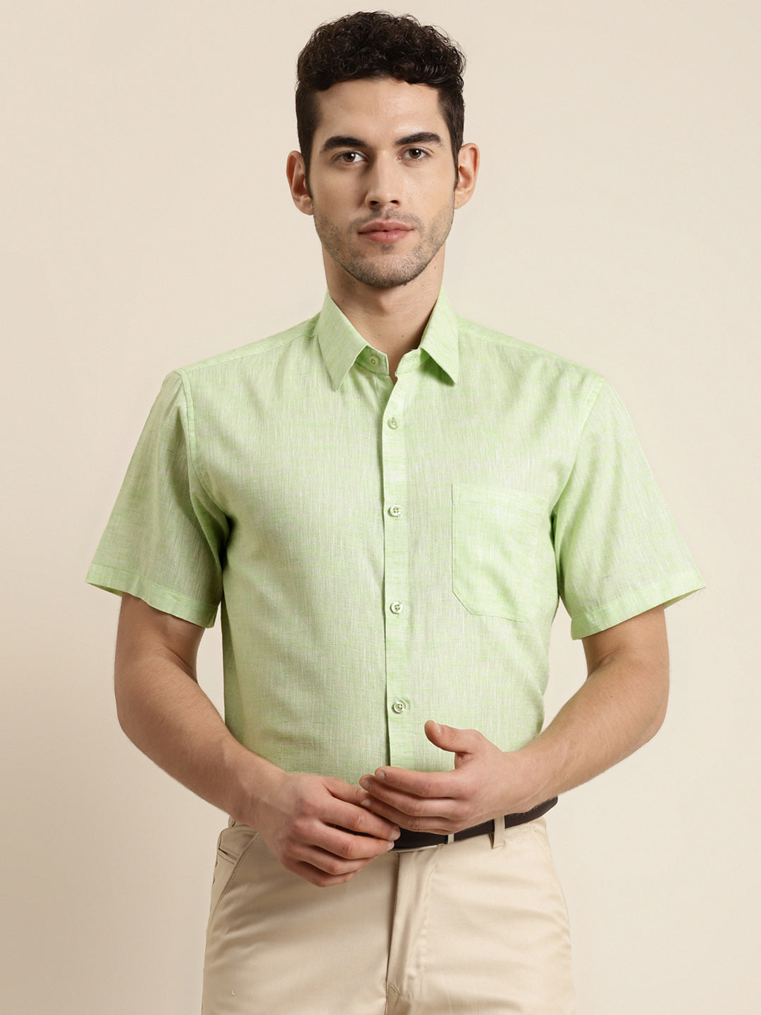Men's Cotton Blend Lime Green Half sleeves Casual Shirt
