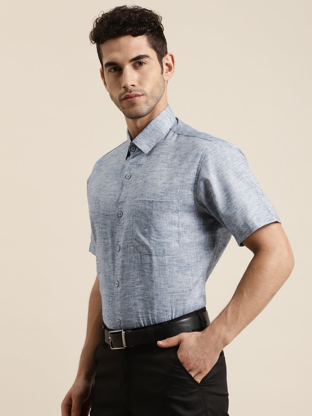 Men's Cotton Blend Russion Blue Half sleeves Casual Shirt