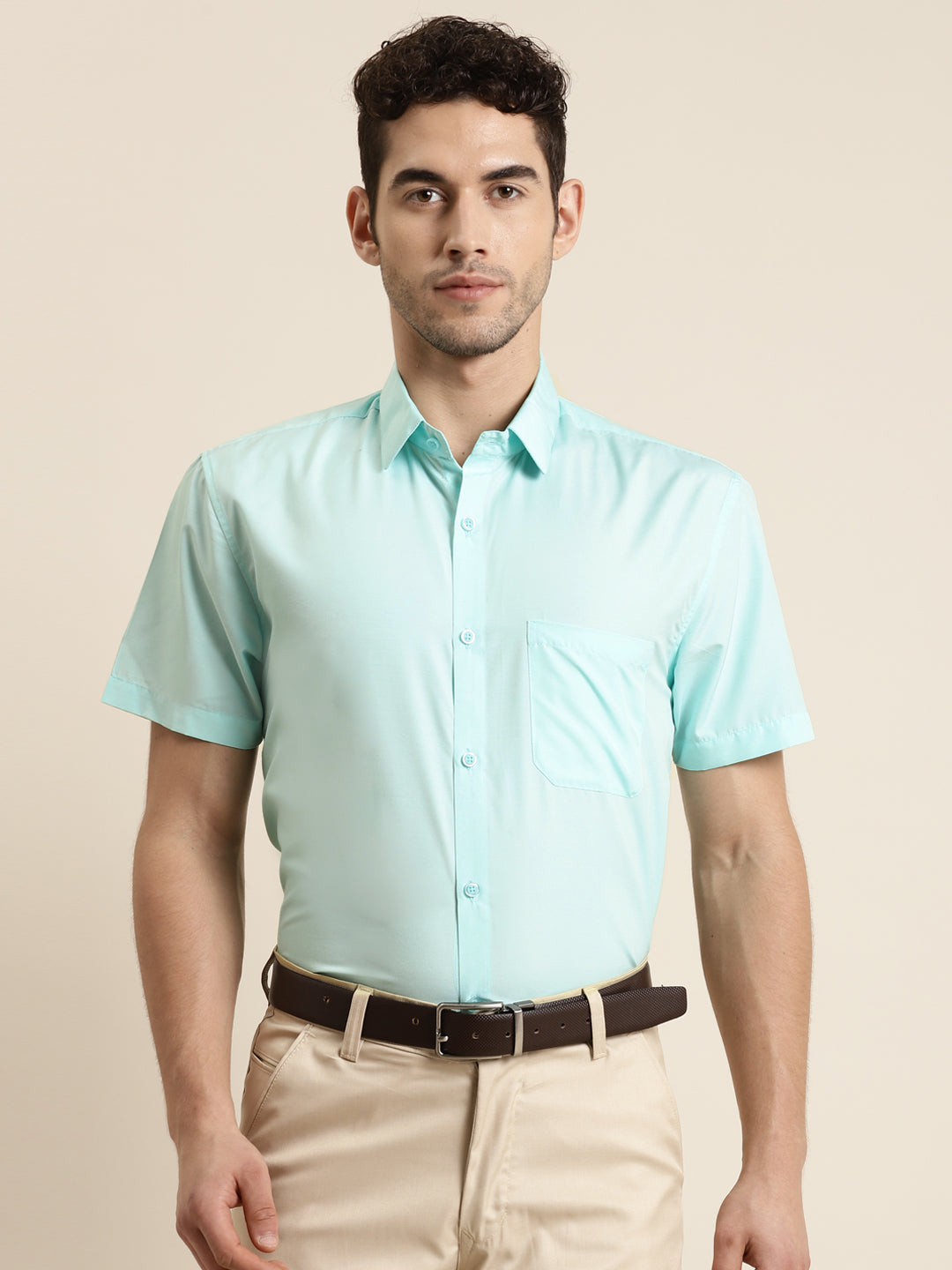 Men's Cotton Light Green Half sleeves Casual Shirt