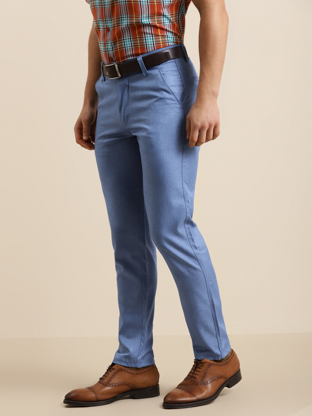 Men's Cotton Blend Sky Blue Solid Casual Trouser - Sojanya
