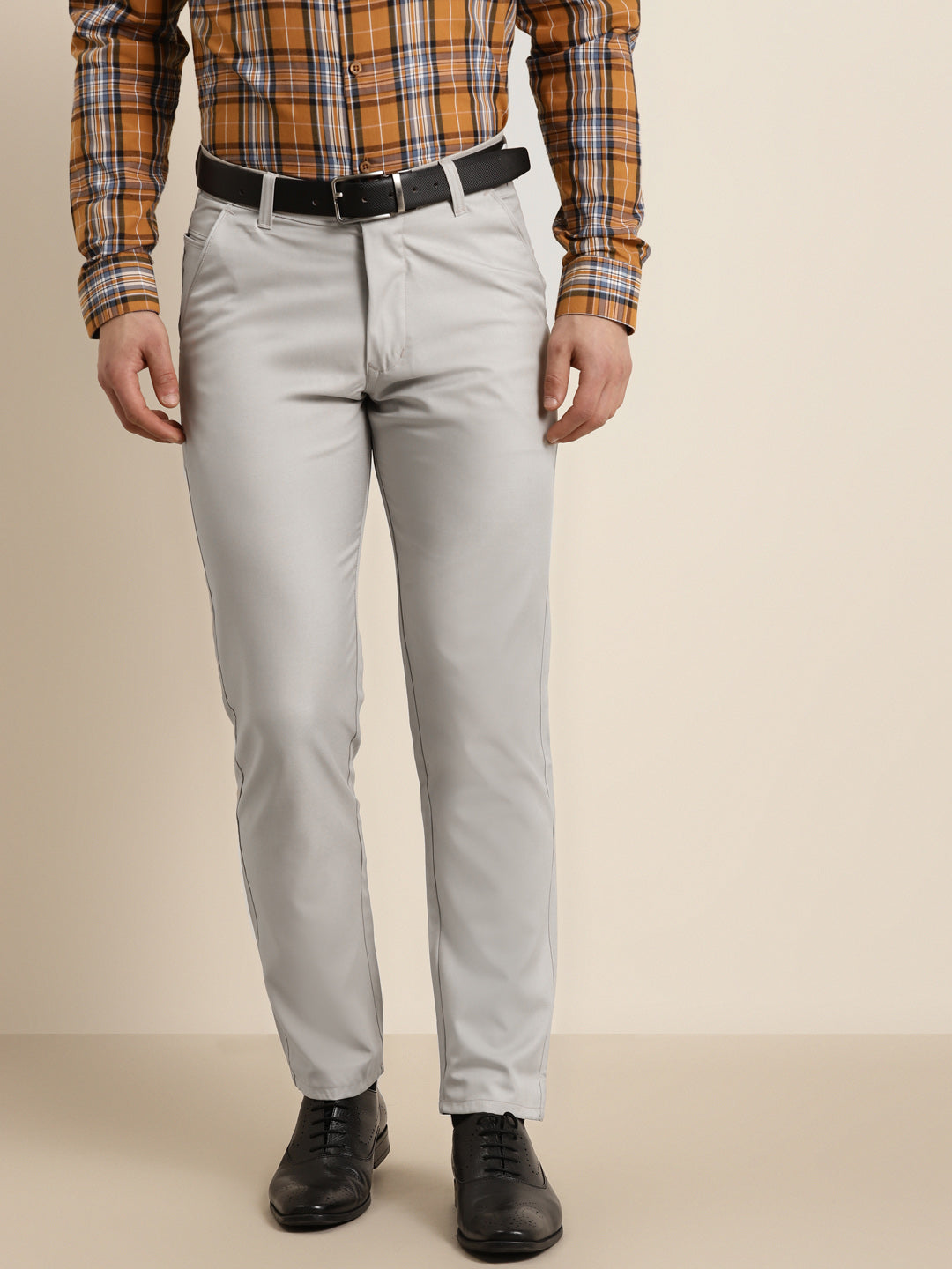 Men's Cotton Blend Light grey Solid Casual Trouser - Sojanya