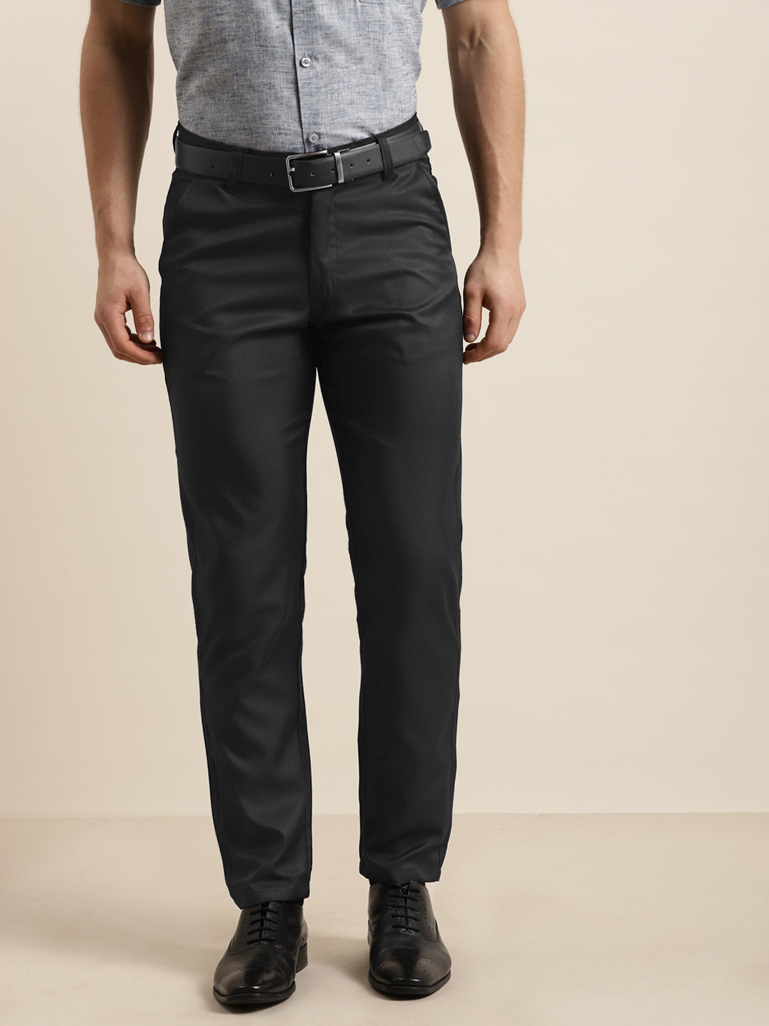 Men's Cotton Blend Black Solid Casual Trouser - Sojanya