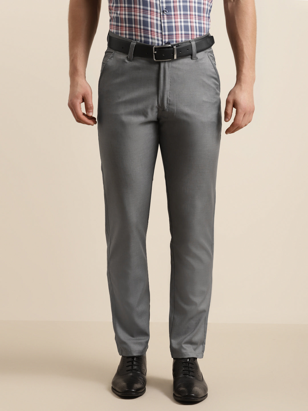 Men's Cotton Blend Charcoal grey Solid Casual Trouser - Sojanya