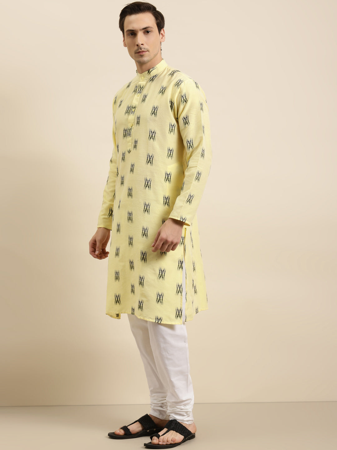 Men's Cotton Light Yellow & Black Churidar Pyjama Set - Sojanya