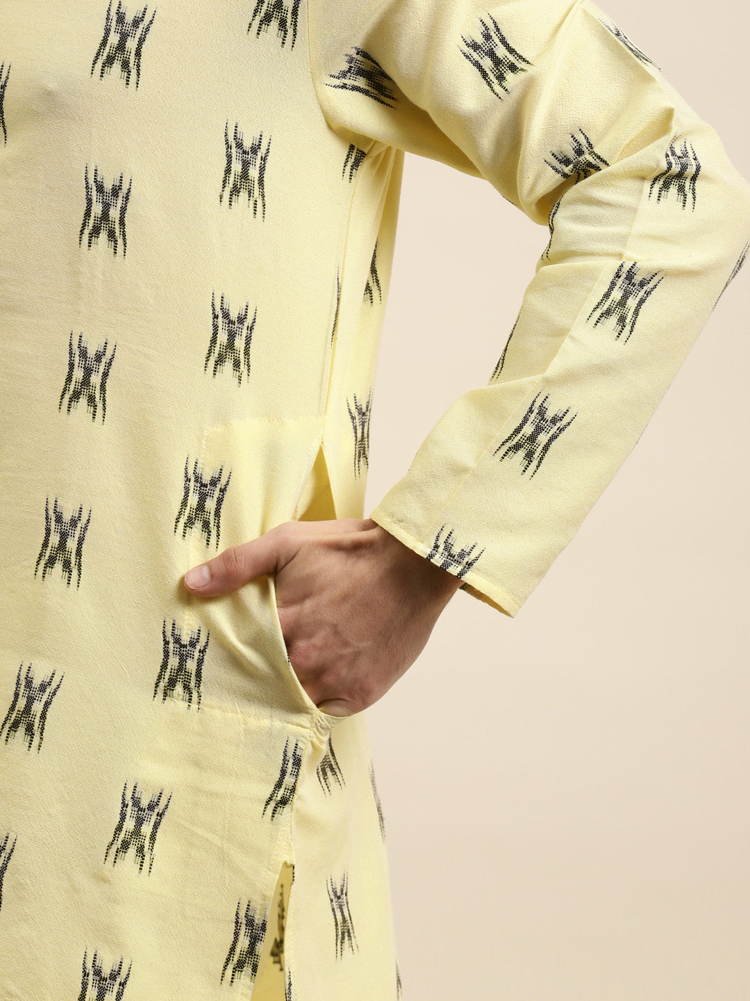 Men's Cotton Light Yellow & Black Churidar Pyjama Set - Sojanya