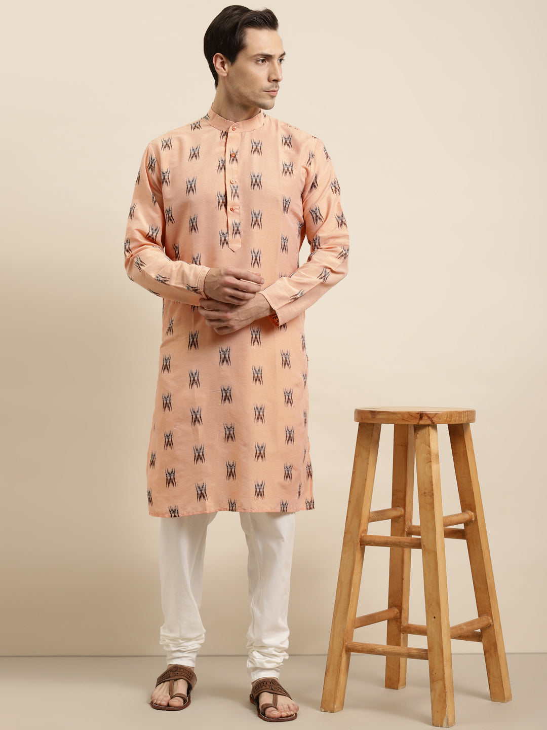 Men's Cotton Light Peach & Black Churidar Pyjama Set - Sojanya