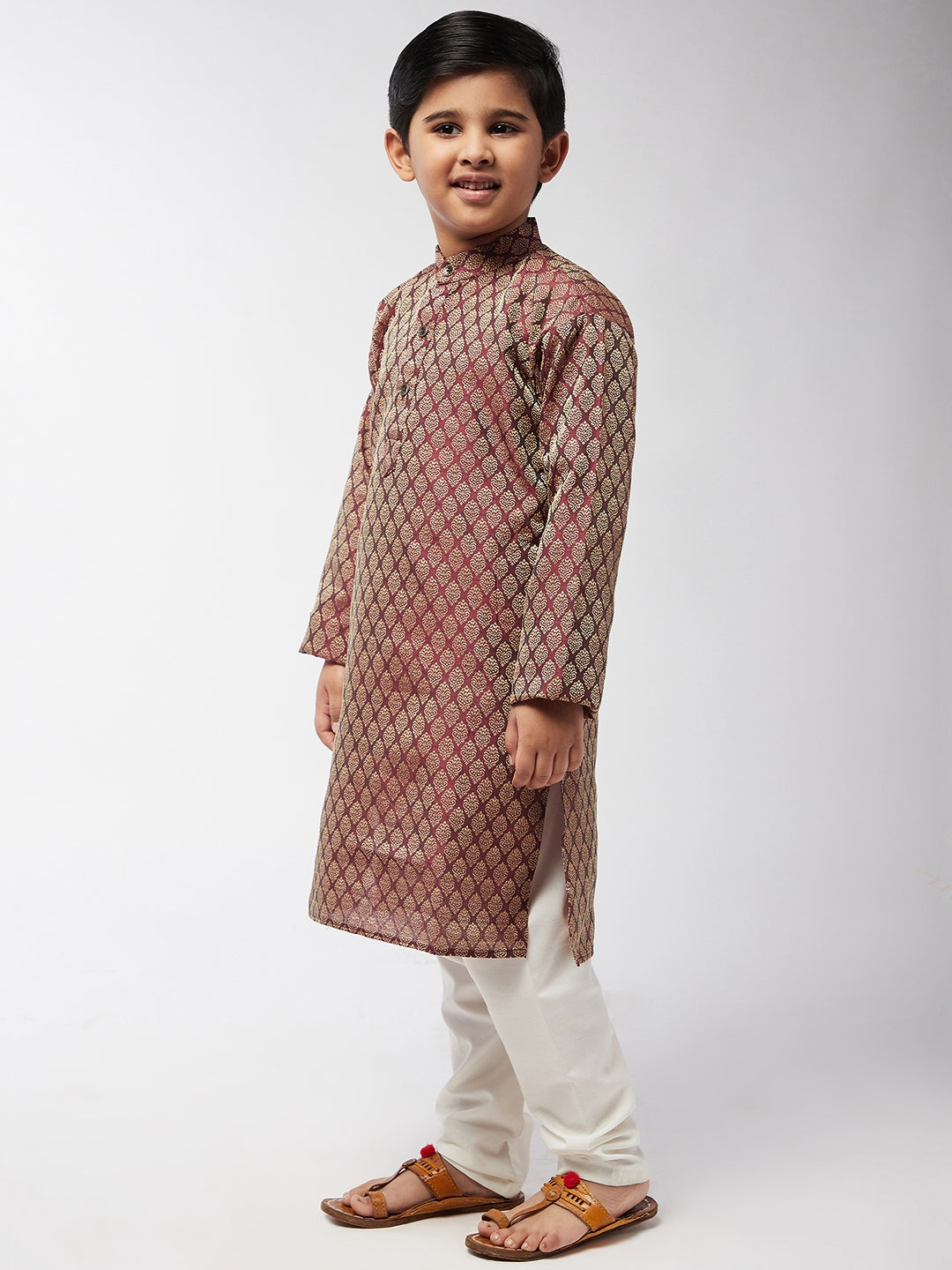 Kid's Jacquard Silk Maroon Self design Kurta & Off-White Churidar Pyjama Set - Sojanya KID
