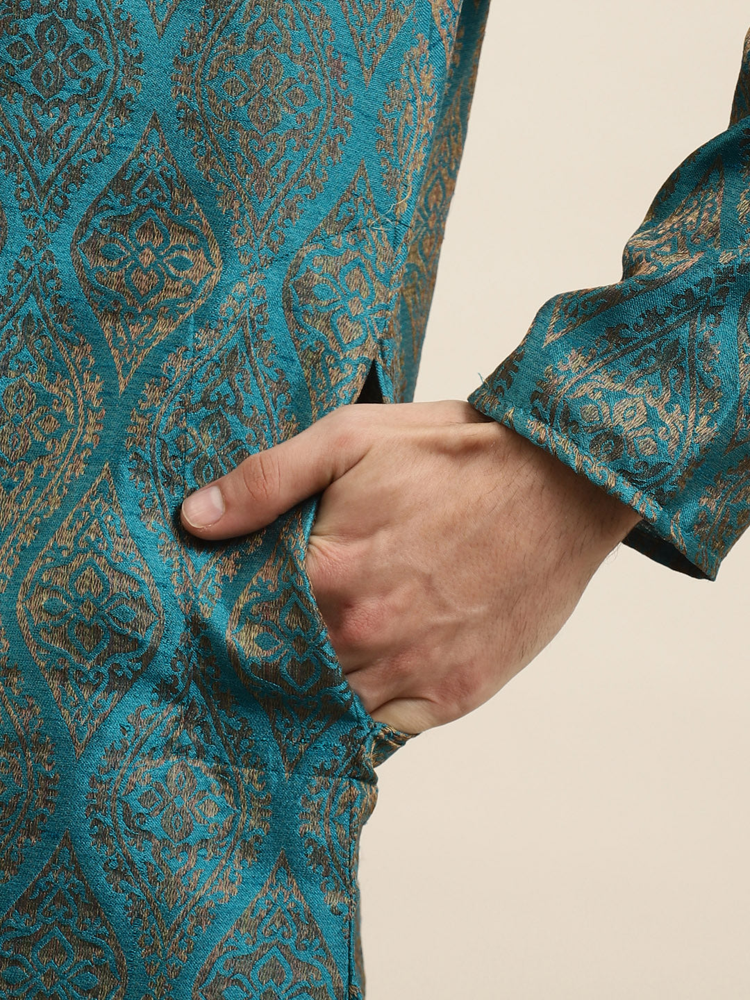 Men's Jacquard Silk Teal Blue & Gold Kurta - Sojanya