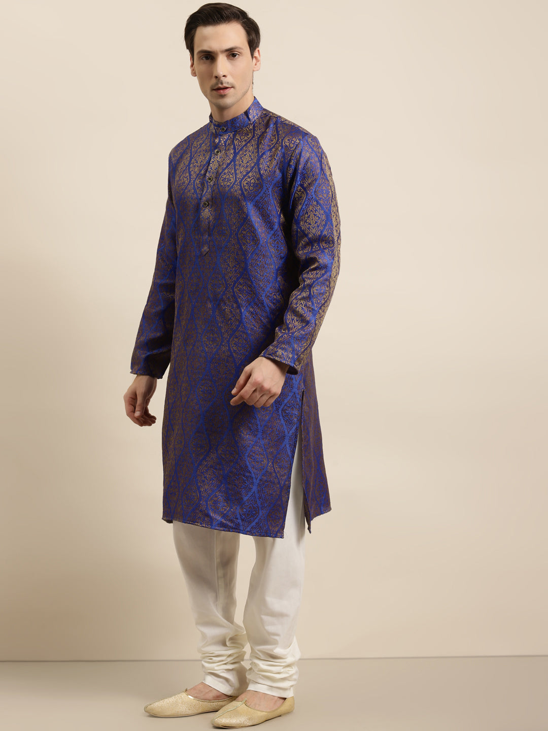 Men's Jacquard Silk Blue & Gold Kurta - Sojanya