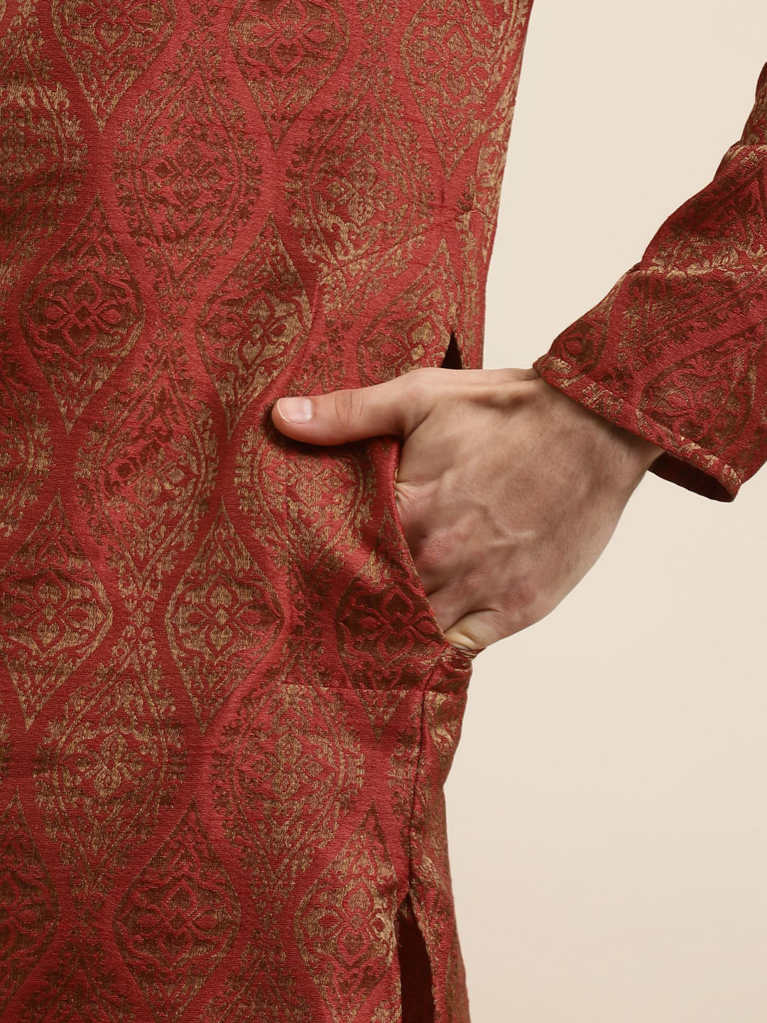 Men's Jacquard Silk Red & Gold Kurta - Sojanya