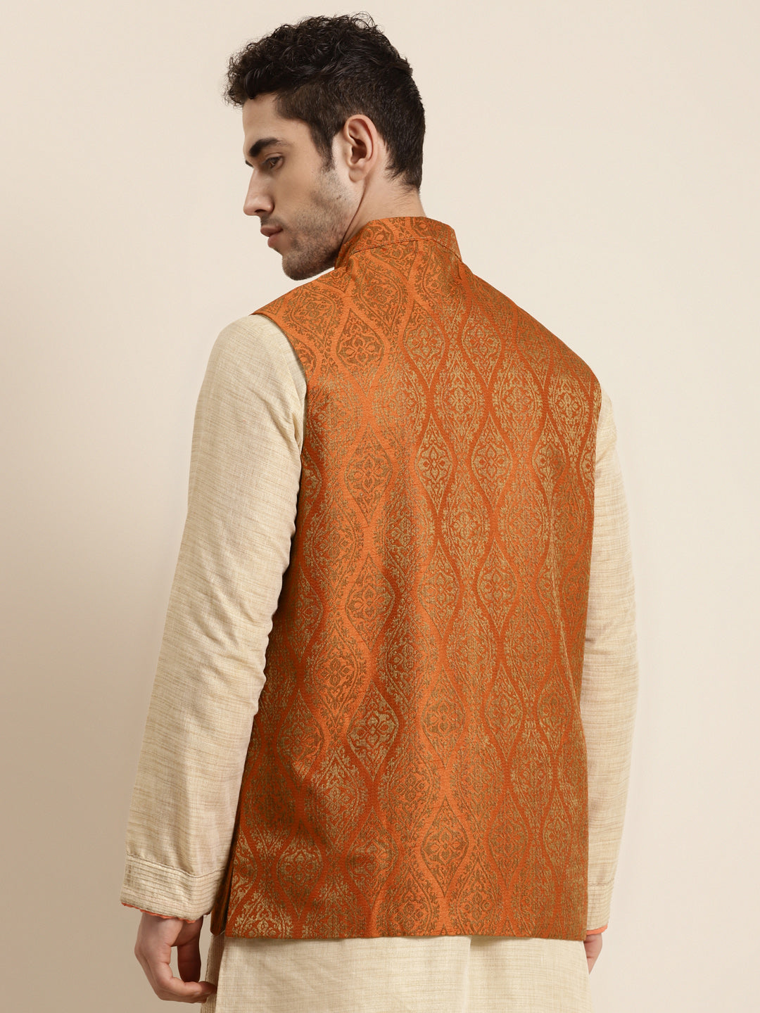 Men's Jacquard Silk Orange & Gold Nehru Jacket - Sojanya