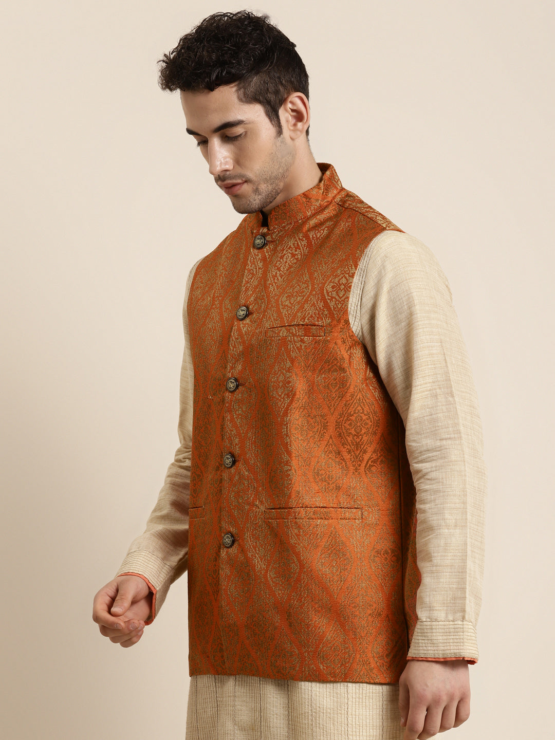 Men's Jacquard Silk Orange & Gold Nehru Jacket - Sojanya