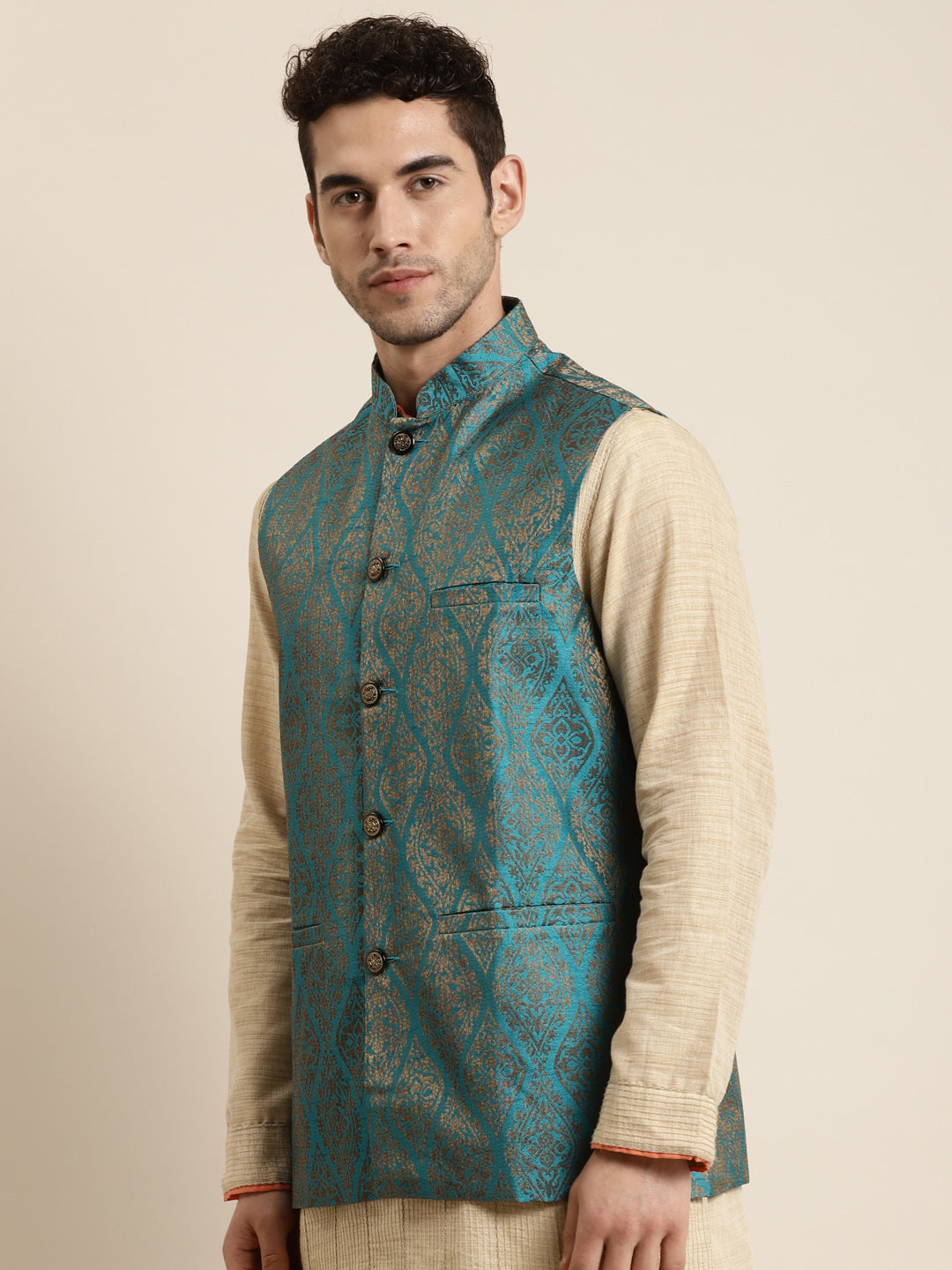 Men's Jacquard Silk Teal Blue & Gold Nehru Jacket - Sojanya