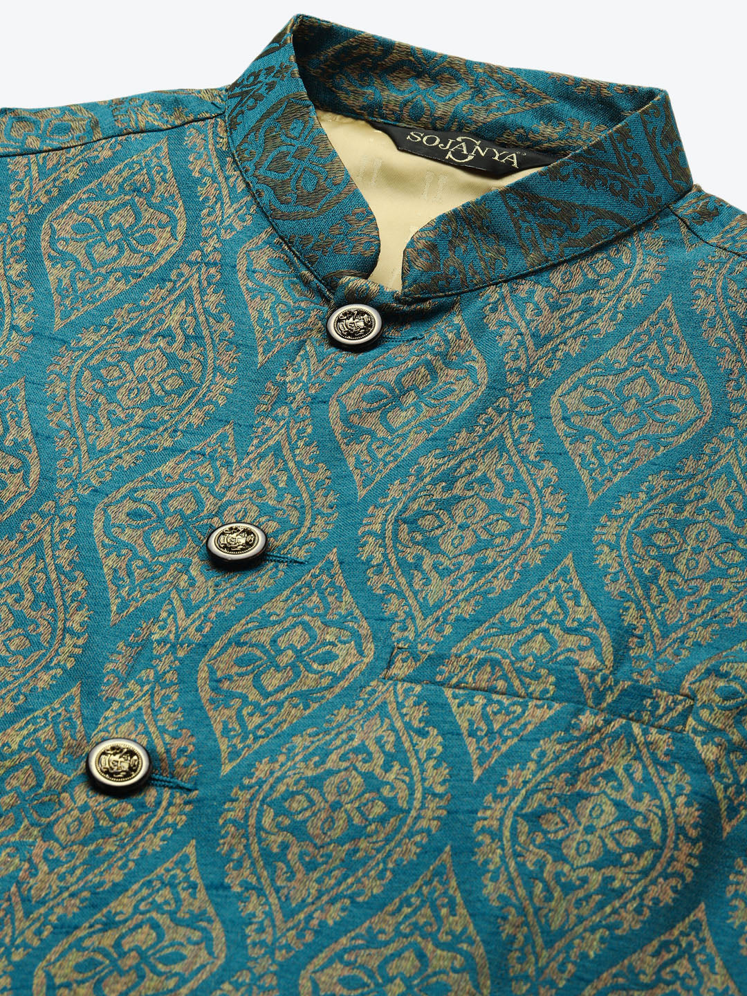 Men's Jacquard Silk Teal Blue & Gold Nehru Jacket - Sojanya