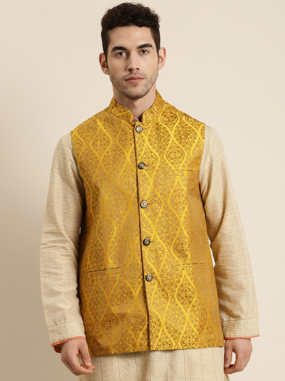 Men's Jacquard Silk Mustard & Gold Nehru Jacket - Sojanya