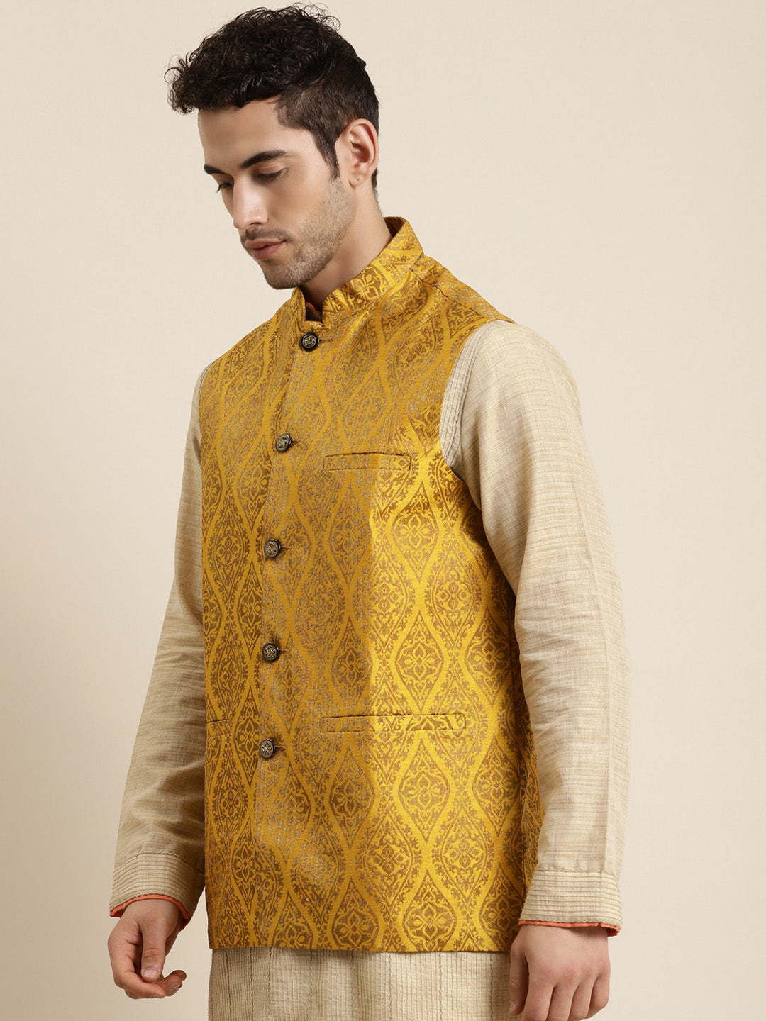 Men's Jacquard Silk Mustard & Gold Nehru Jacket - Sojanya