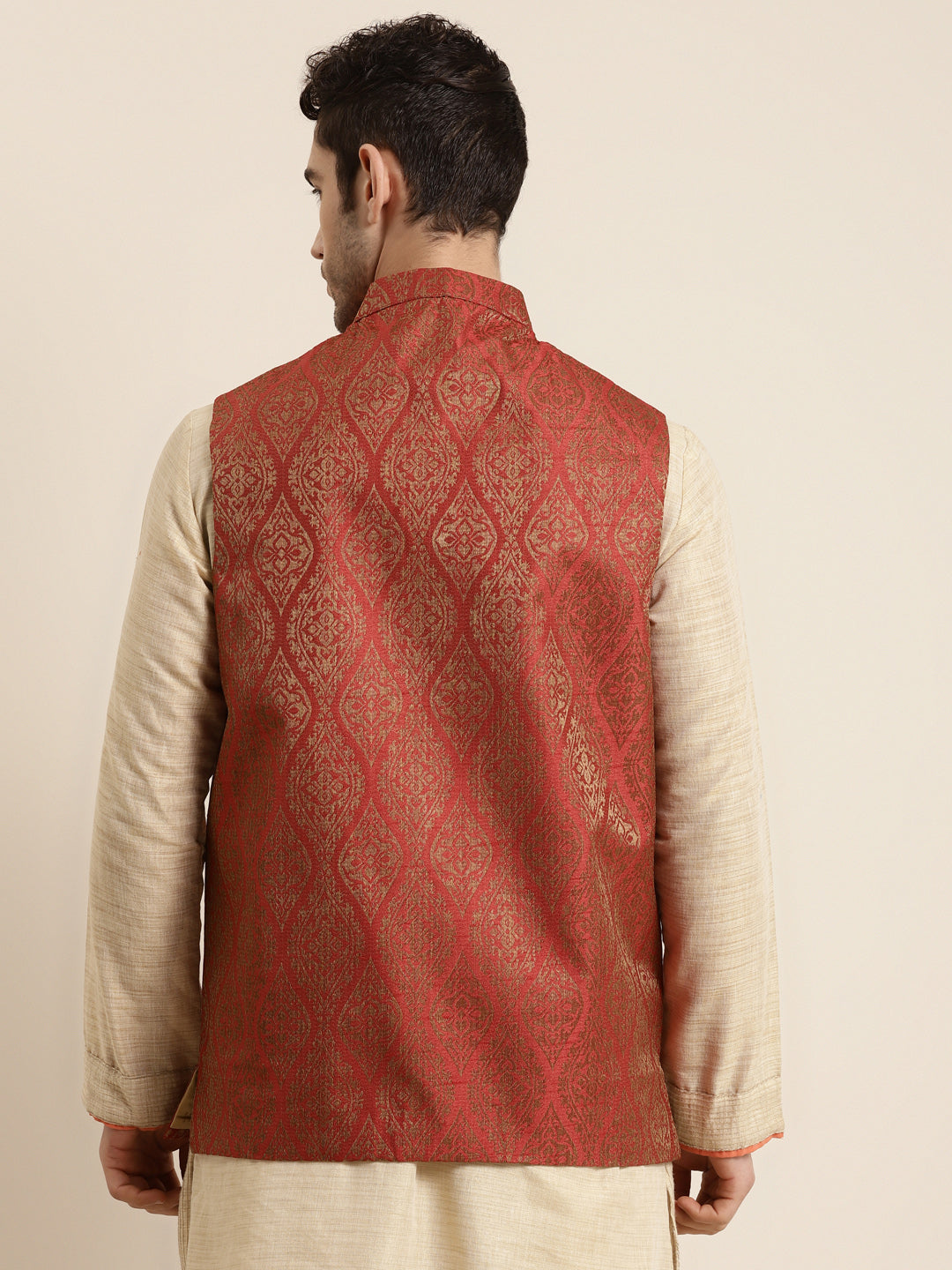Men's Jacquard Silk Red & Gold Nehru Jacket - Sojanya