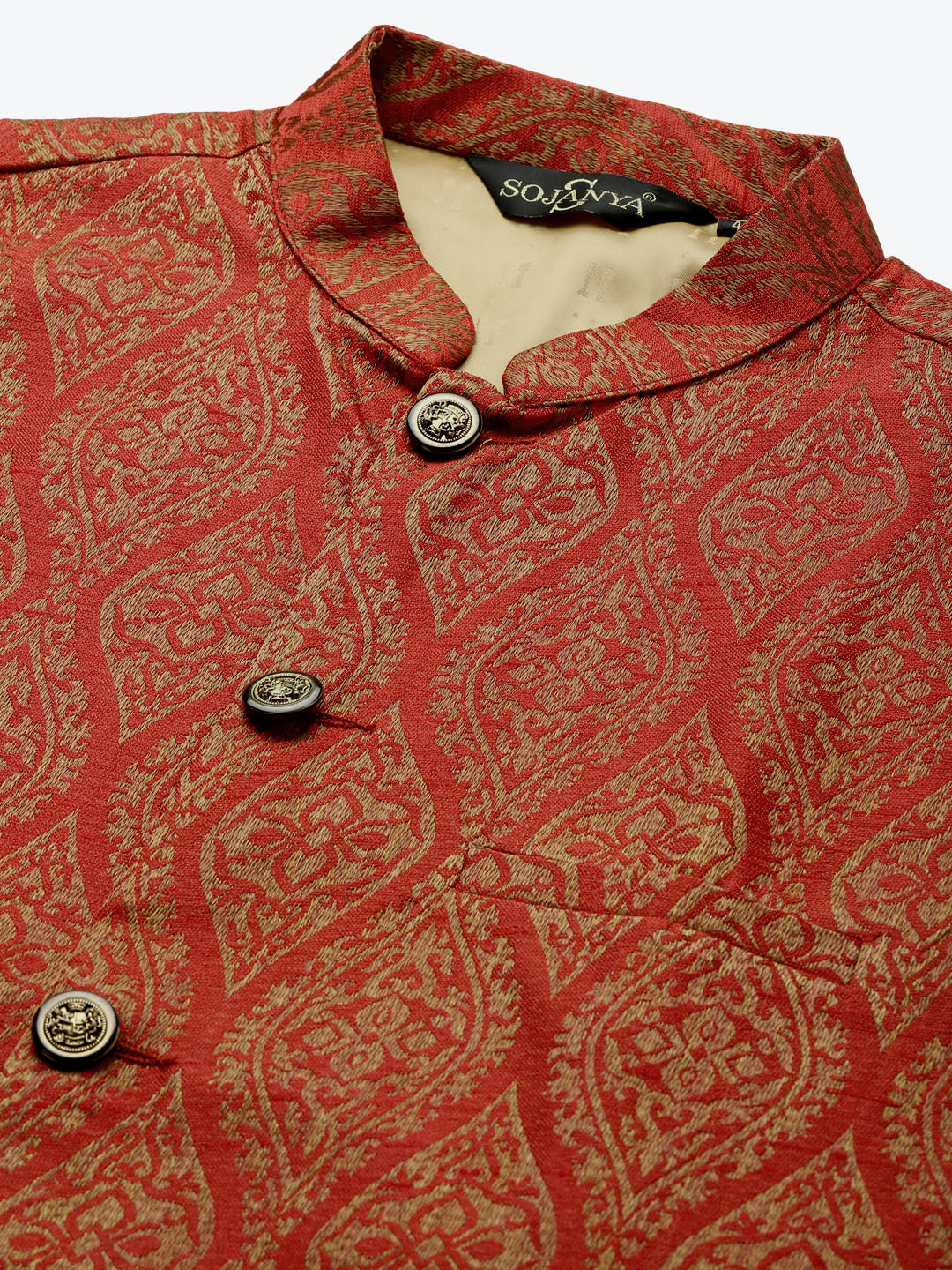 Men's Jacquard Silk Red & Gold Nehru Jacket - Sojanya