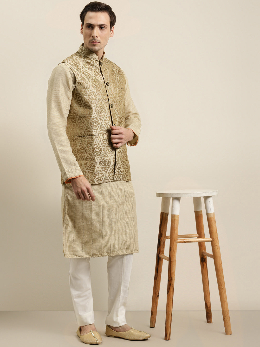 Men's Jacquard Silk Beige & Gold Nehru Jacket - Sojanya