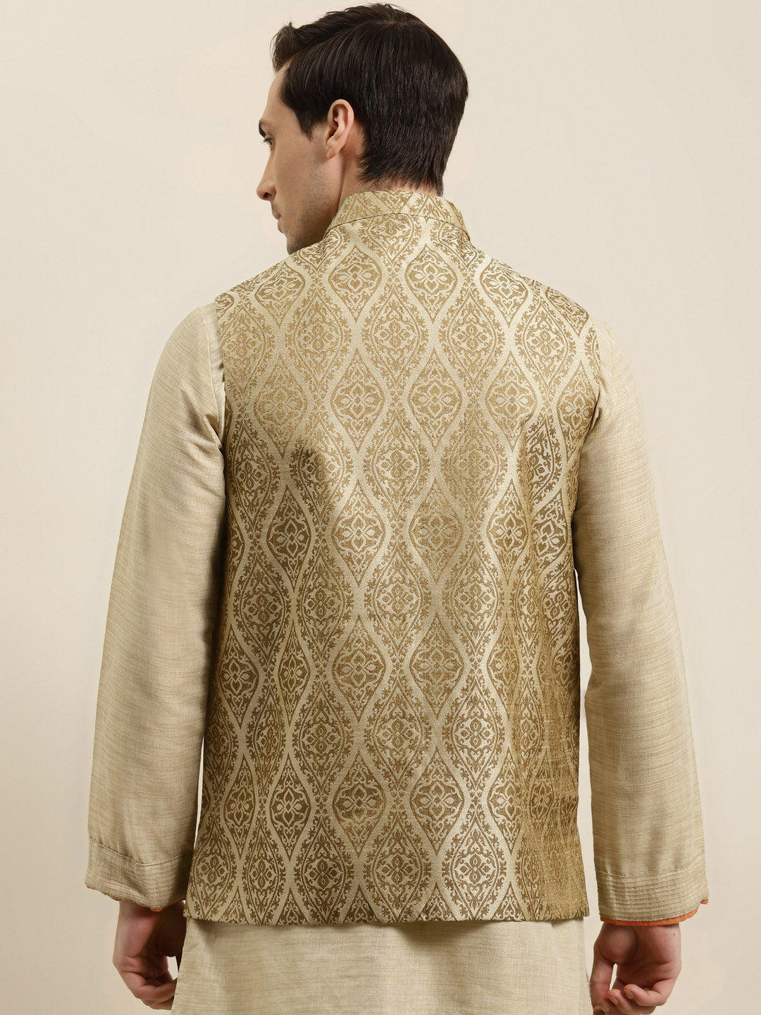 Men's Jacquard Silk Beige & Gold Nehru Jacket - Sojanya