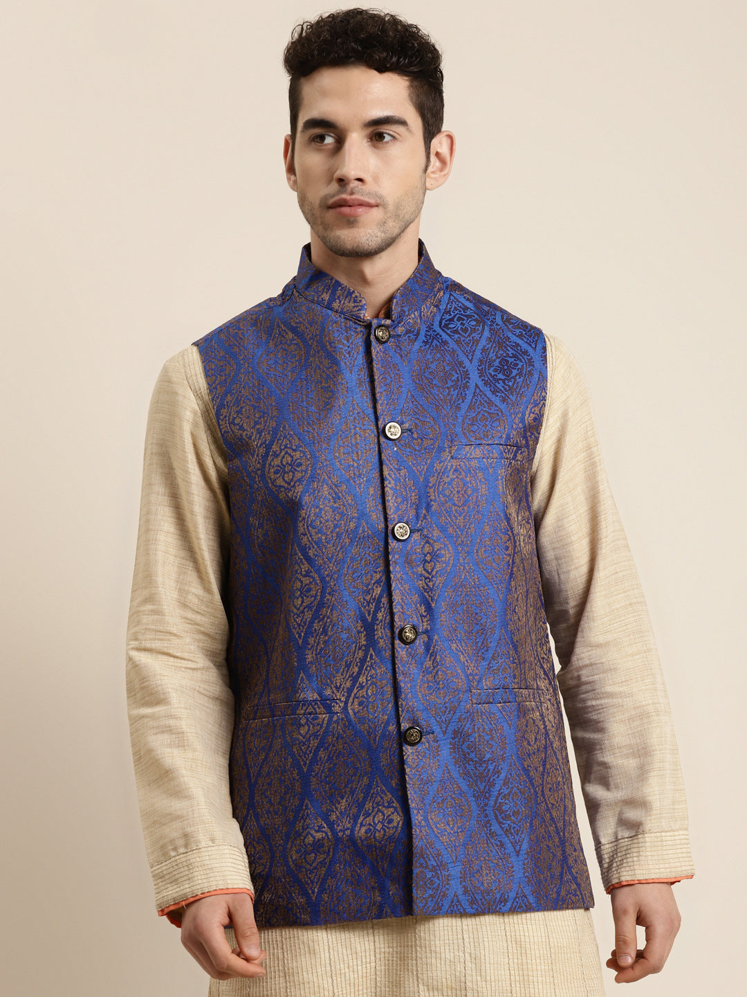 Men's Jacquard Silk Blue & Gold Nehru Jacket - Sojanya