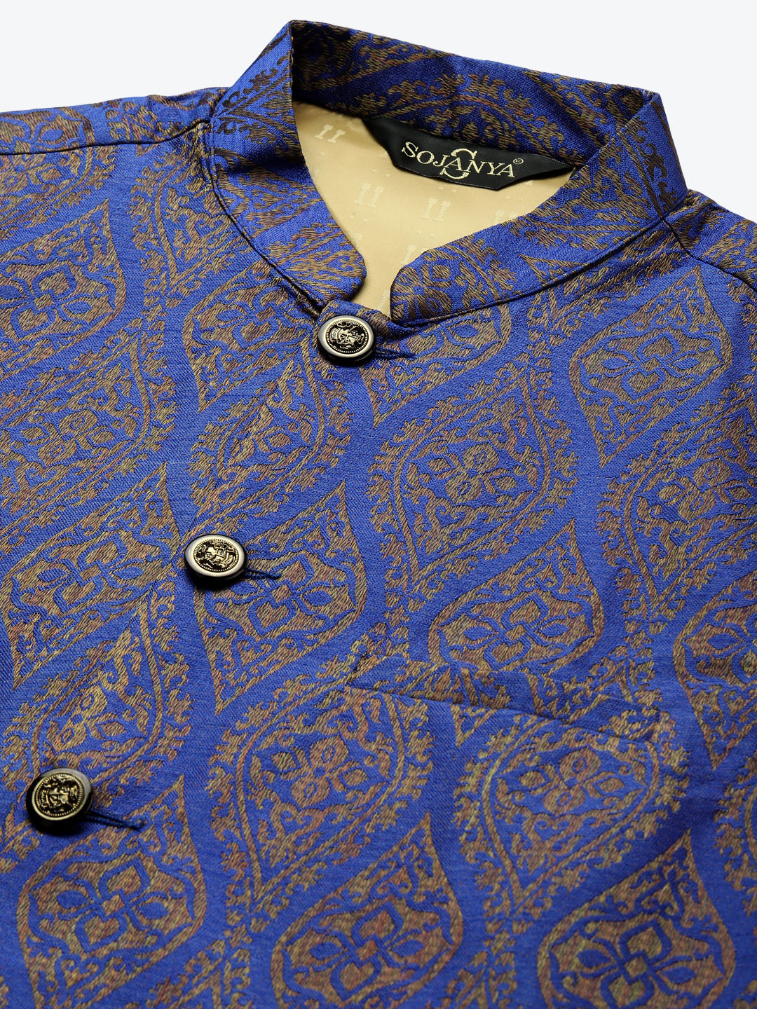 Men's Jacquard Silk Blue & Gold Nehru Jacket - Sojanya