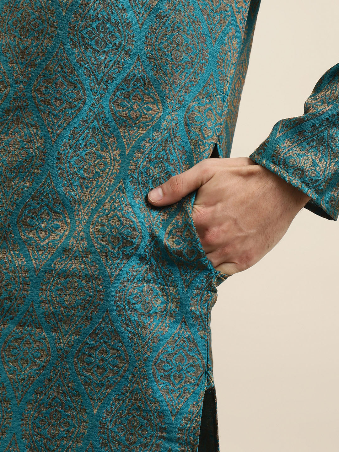 Men's Jacquard Silk Teal Blue & Gold Kurta & Off-White Churidar Pyjama Set - Sojanya