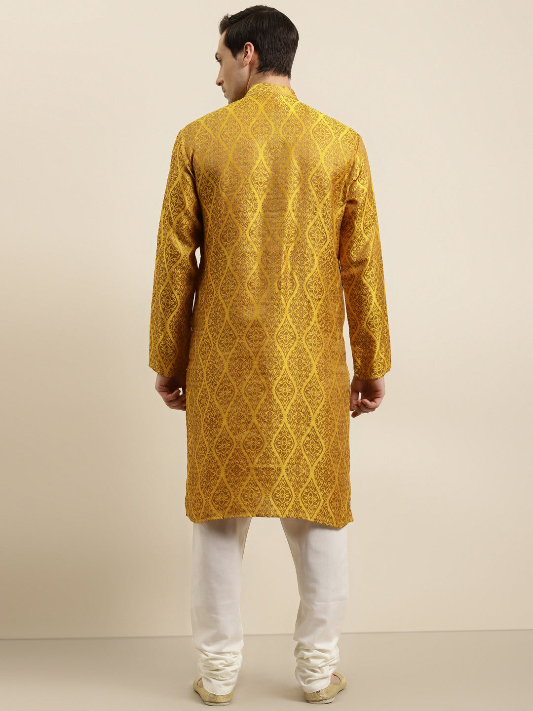 Men's Jacquard Silk Mustard & Gold Kurta & Off-White Churidar Pyjama Set - Sojanya