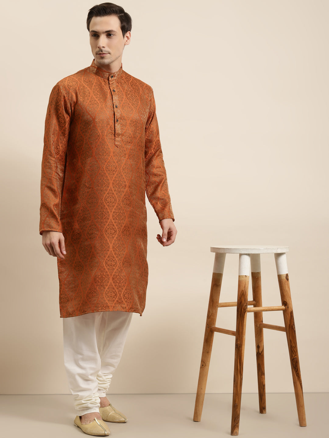 Men's Jacquard Silk Orange & Gold Kurta & Off-White Churidar Pyjama Set - Sojanya