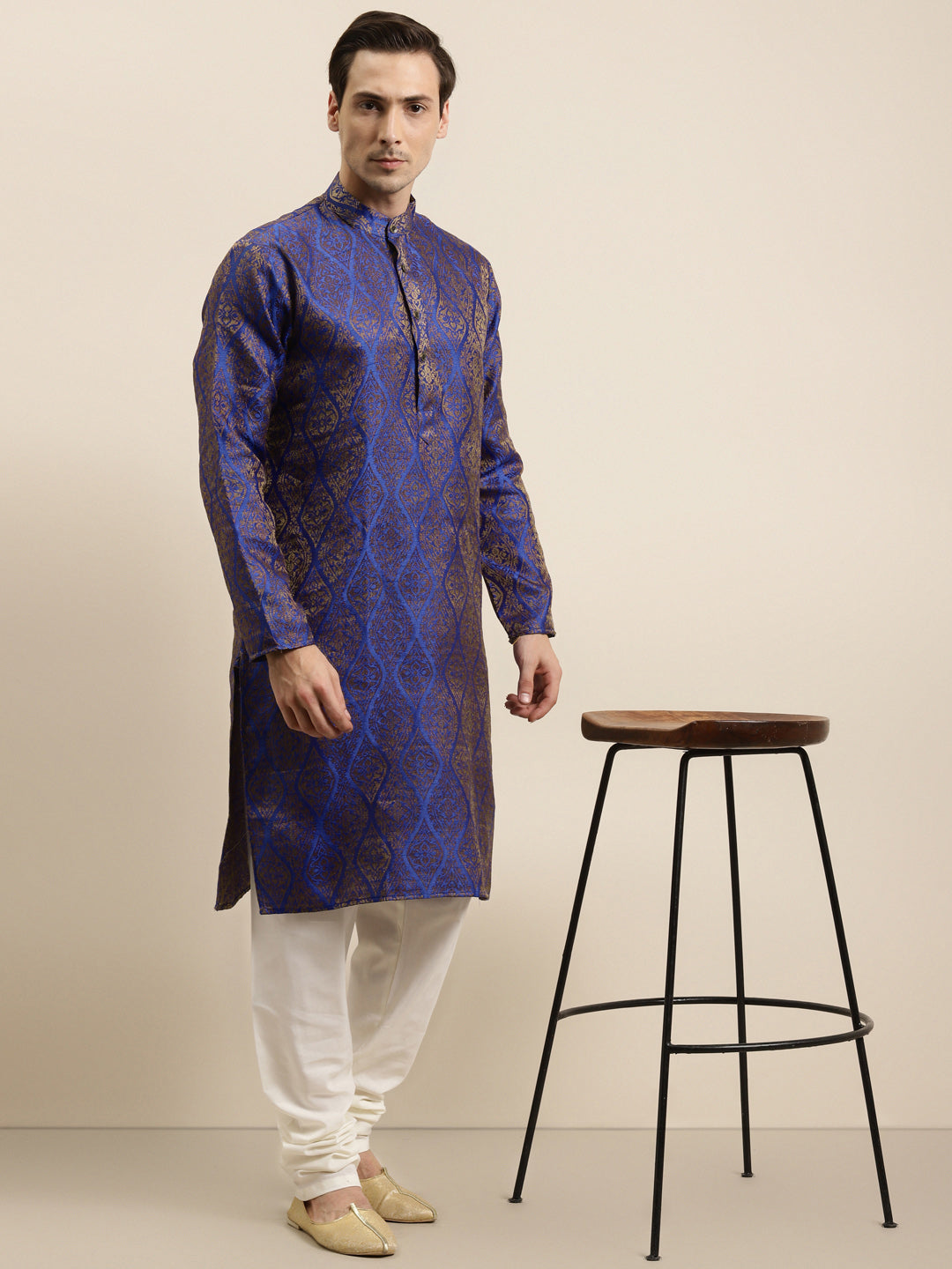Men's Jacquard Silk Blue & Gold Kurta & Off-White Churidar Pyjama Set - Sojanya