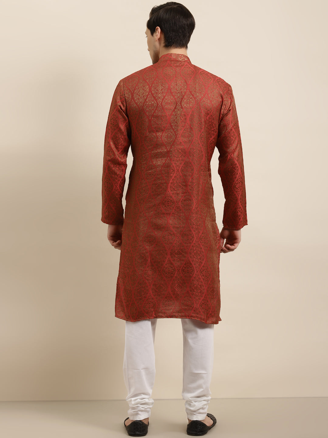 Men's Jacquard Silk Red & Gold Kurta & Off-White Churidar Pyjama Set - Sojanya