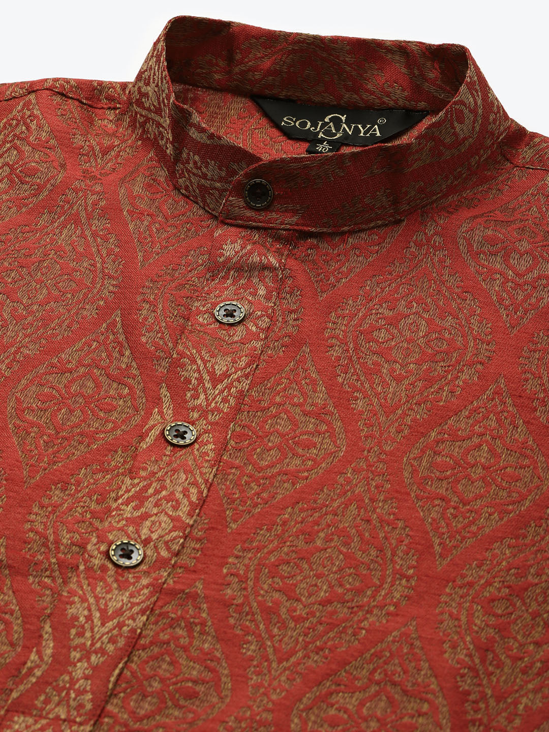Men's Jacquard Silk Red & Gold Kurta & Off-White Churidar Pyjama Set - Sojanya