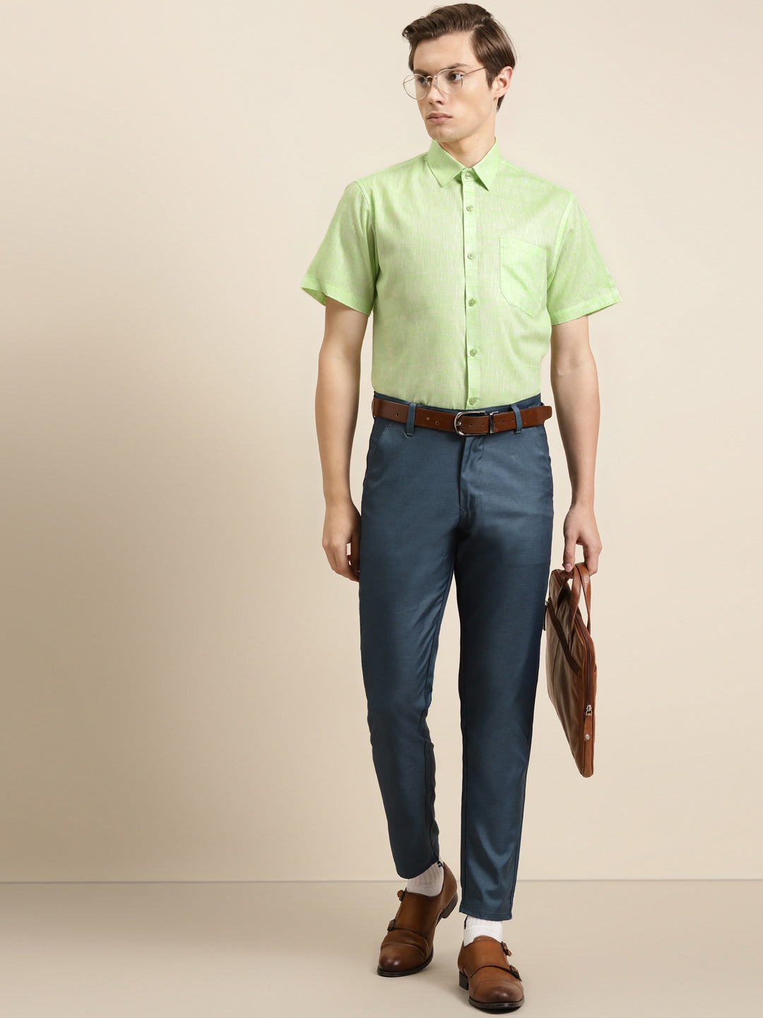 Men's Cotton Blend Lime Green Classic Formal Shirt - Sojanya