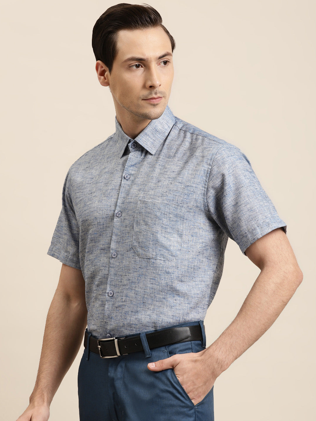 Men's Cotton Blend Russion Blue Classic Formal Shirt - Sojanya