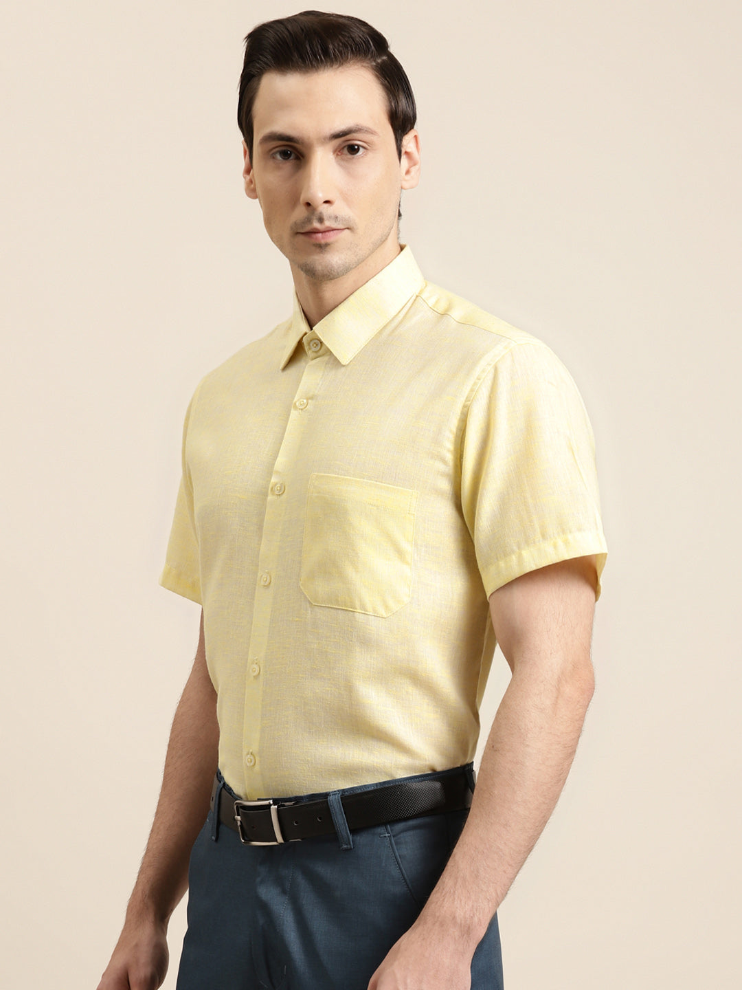 Men's Cotton Blend Lemon Classic Formal Shirt - Sojanya