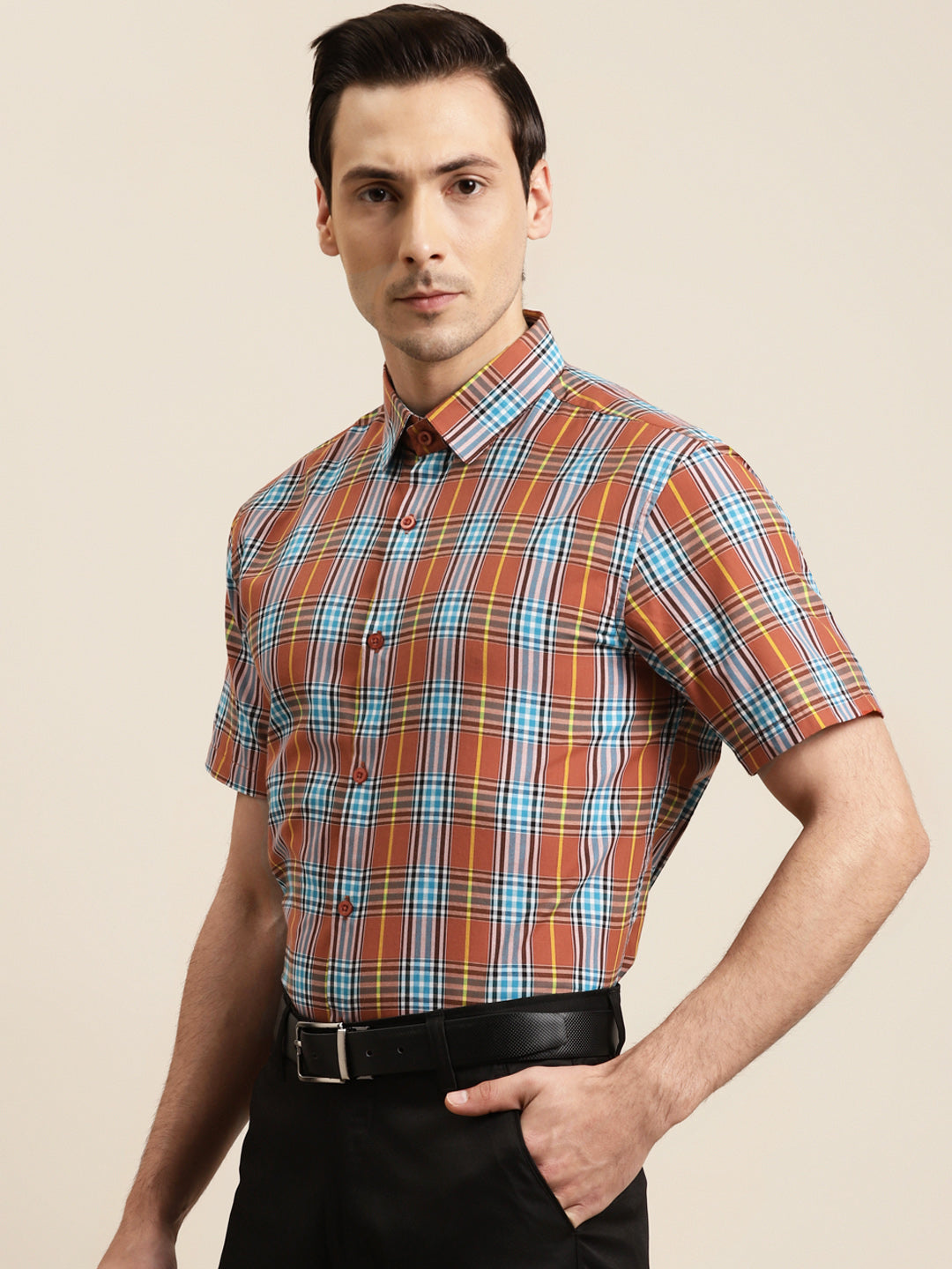Men's Cotton Rust & Blue Formal Shirt - Sojanya