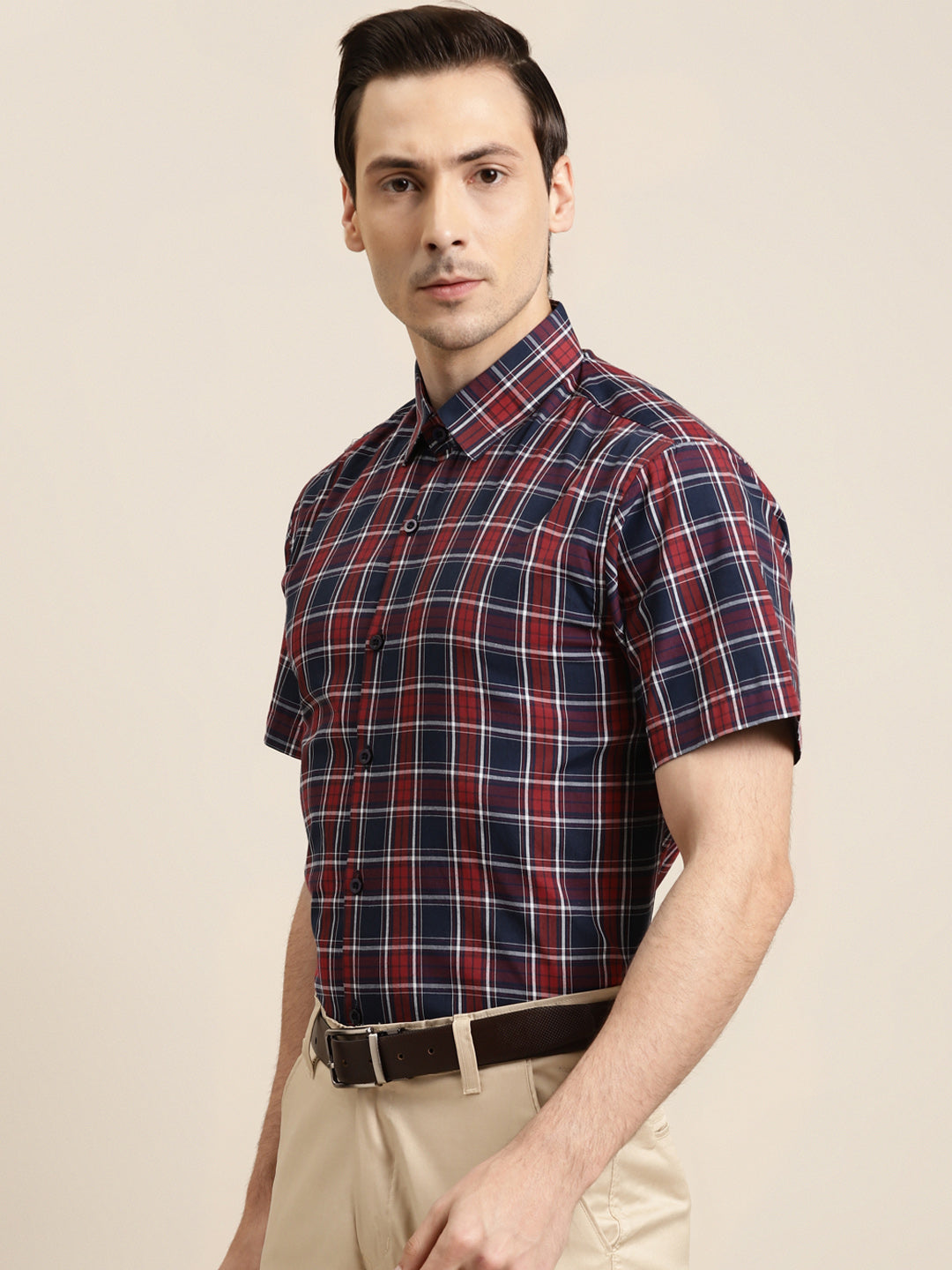 Men's Cotton Red & Navy Formal Shirt - Sojanya