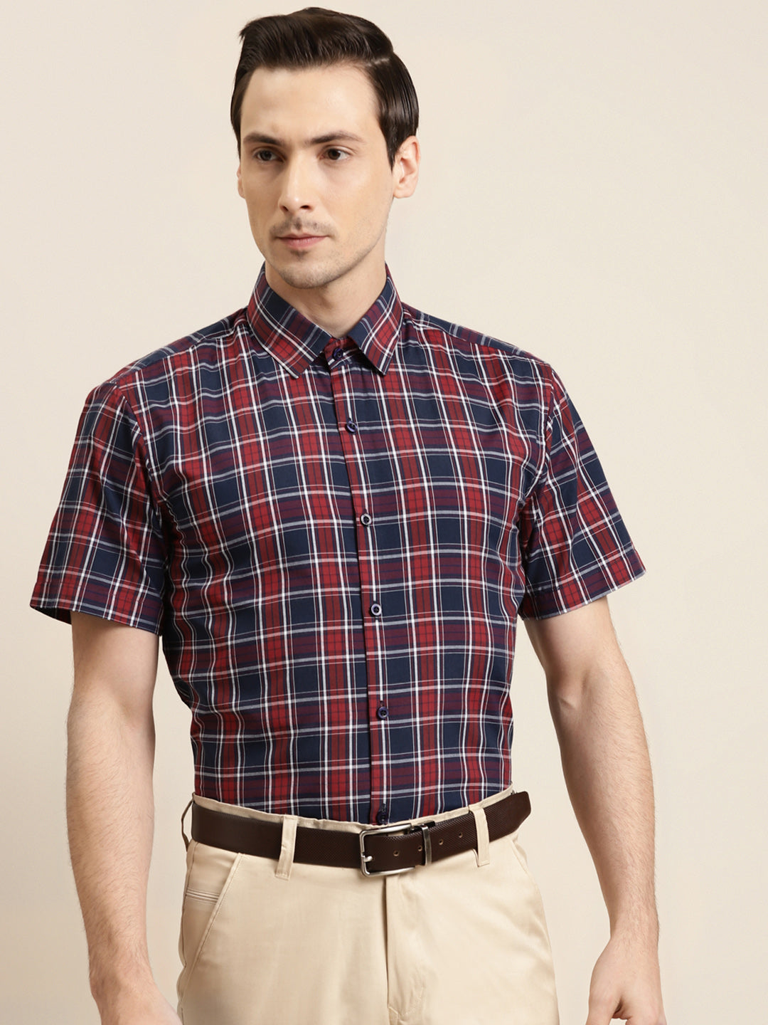 Men's Cotton Red & Navy Formal Shirt - Sojanya