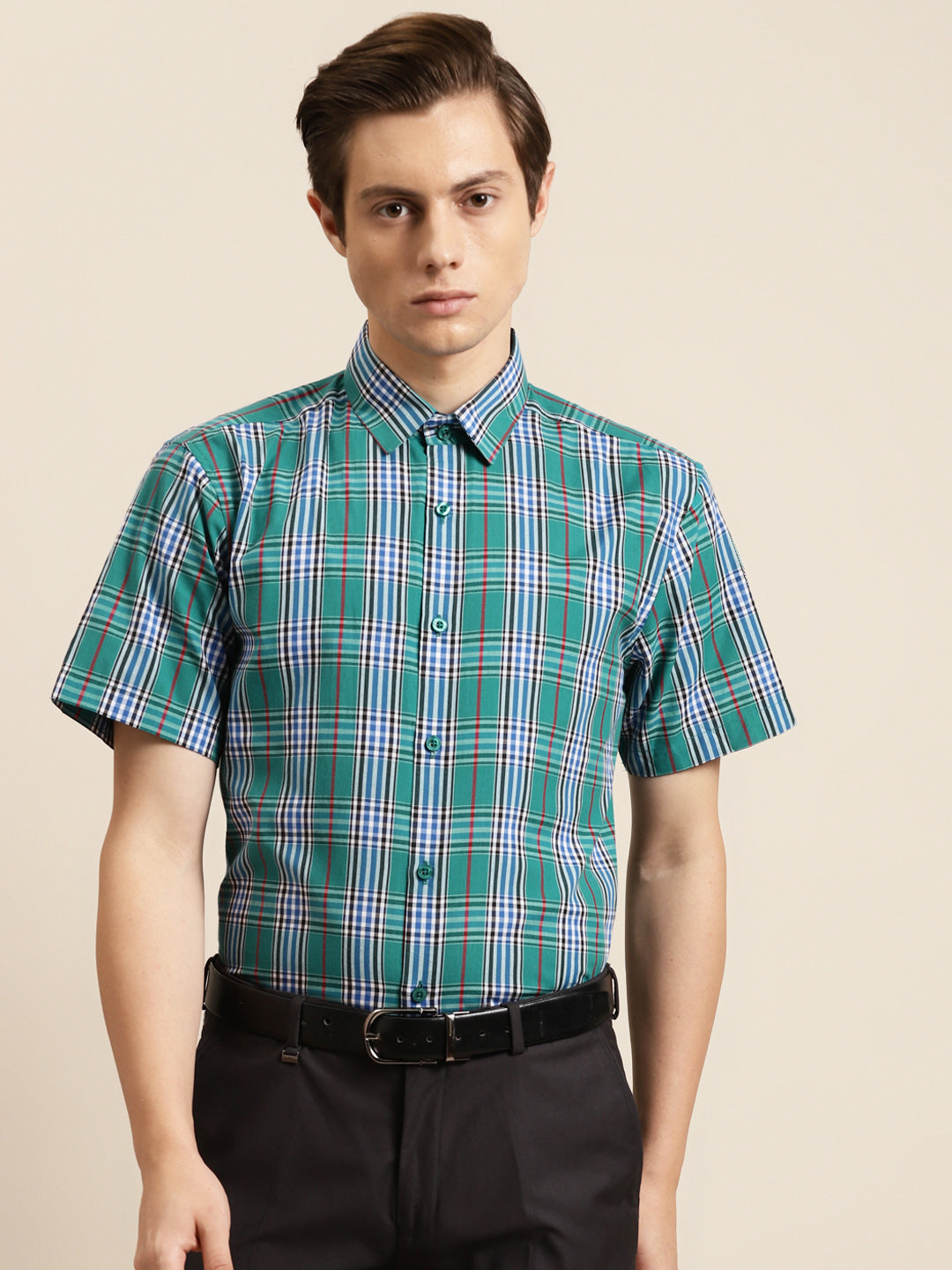 Men's Cotton Green & Blue Formal Shirt - Sojanya