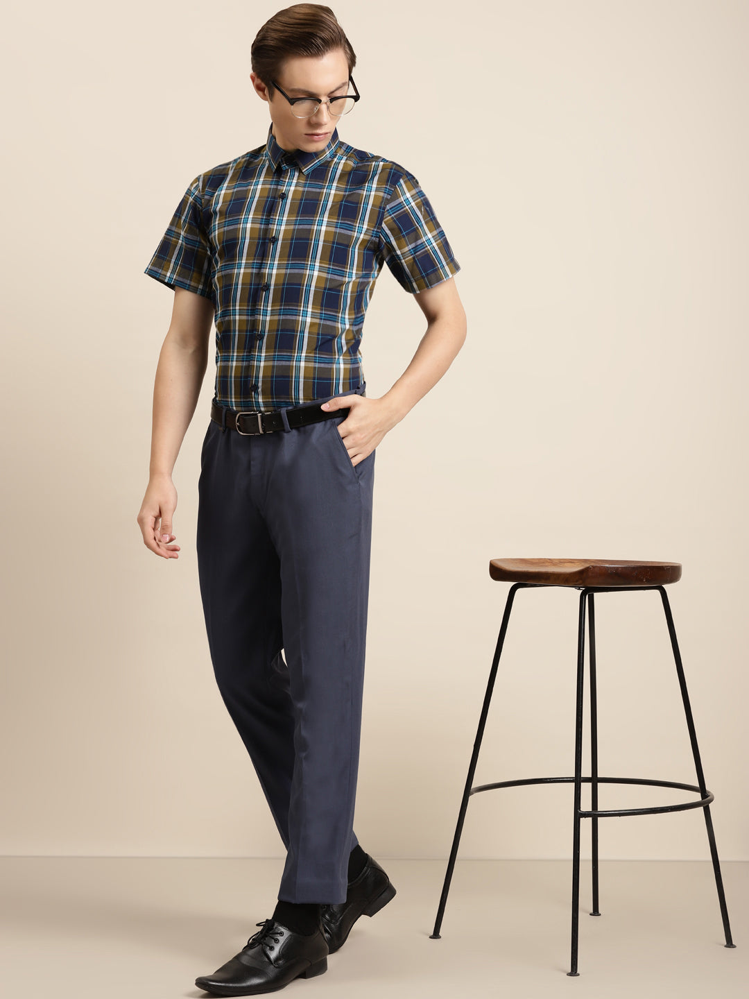Men's Cotton Brown & Blue Navy Formal Shirt - Sojanya