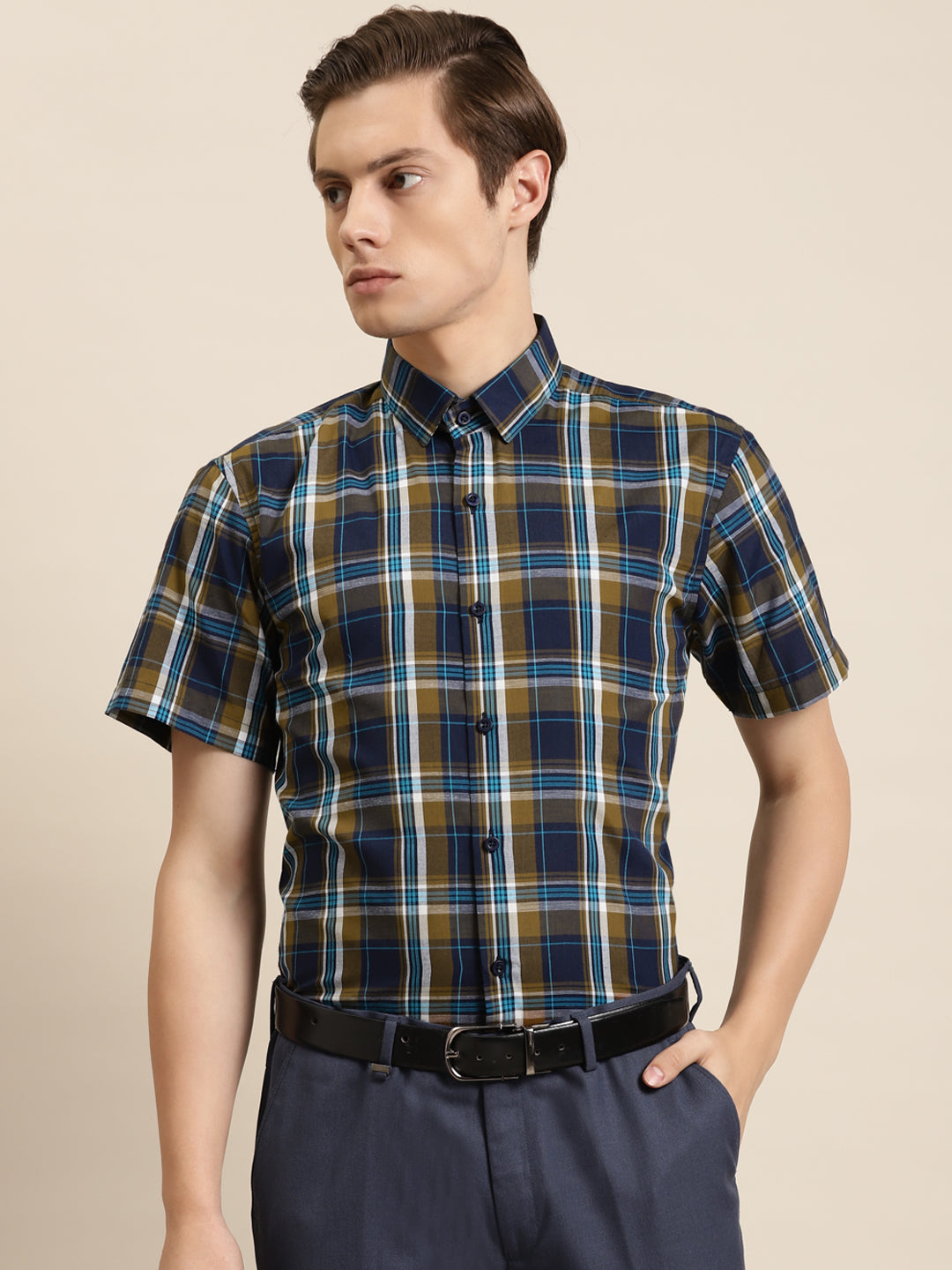 Men's Cotton Brown & Blue Navy Formal Shirt - Sojanya