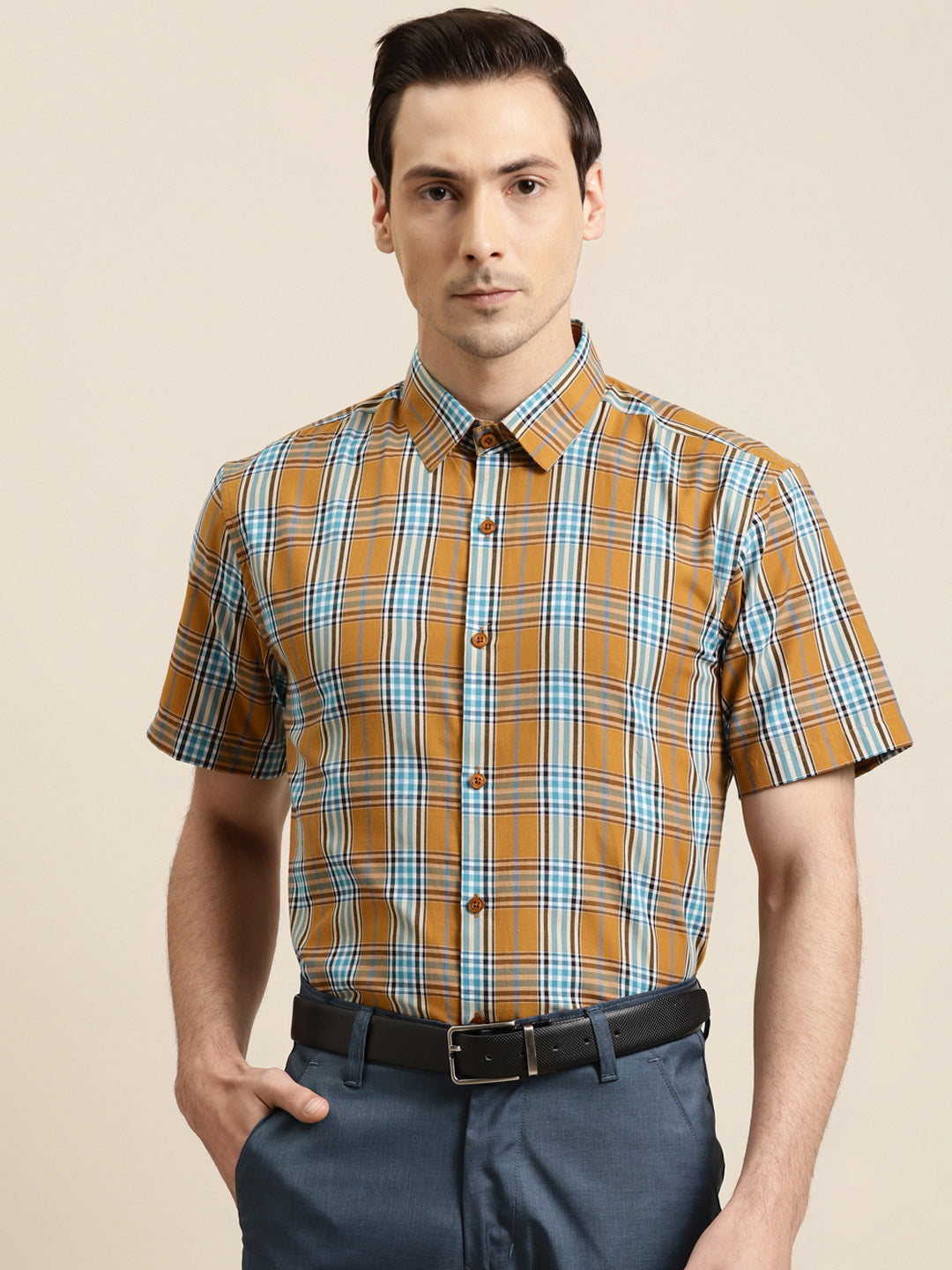 Men's Cotton Mustard & Light peacock Formal Shirt - Sojanya
