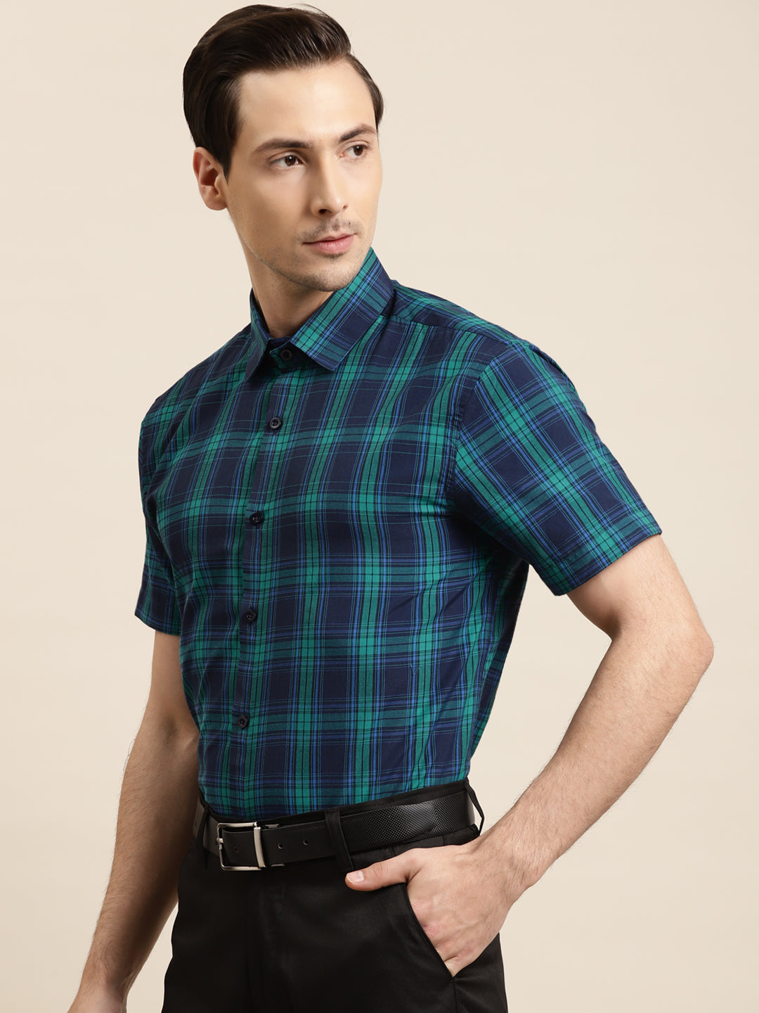 Men's Cotton Navy & Green Formal Shirt - Sojanya