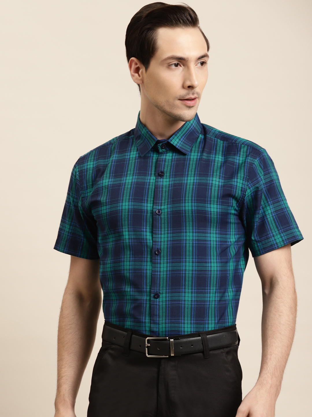 Men's Cotton Navy & Green Formal Shirt - Sojanya