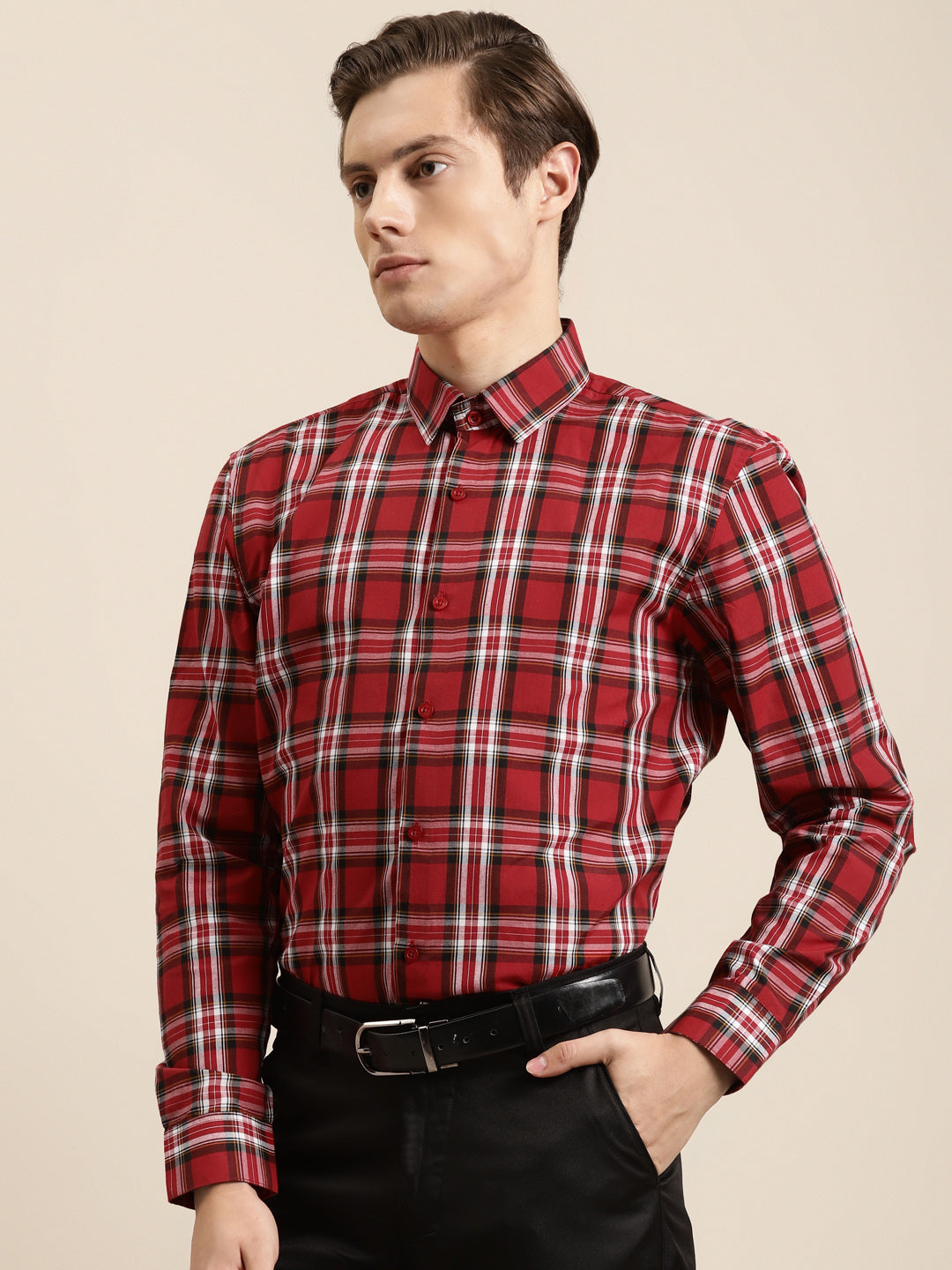Men's Cotton Red & White & Formal Shirt - Sojanya
