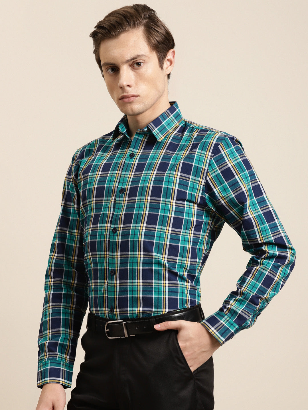 Men's Cotton Dark Green & Navy Formal Shirt - Sojanya